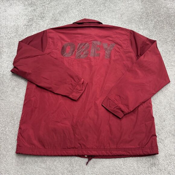 Obey Worldwide Coach Snap Button Up Windbreaker Jacket Mens XL Red Lined Outdoor - Picture 2 of 15